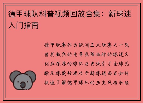 德甲球队科普视频回放合集：新球迷入门指南